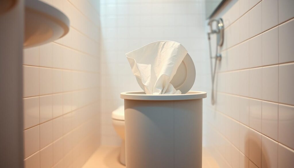 A neatly organized garbage can, its lid slightly ajar, sits in a well-lit, minimalist bathroom. The can's contents are obscured, hinting at the proper disposal of used flushable wipes. The room's clean, tiled walls and gleaming fixtures suggest a sense of order and hygiene. Soft, diffused lighting from an unseen source casts a warm glow, creating a calming, efficient atmosphere. The camera angle is slightly elevated, giving a bird's-eye view that emphasizes the can's purposeful placement and the bathroom's overall tidiness, underscoring the responsible disposal of these wipes.