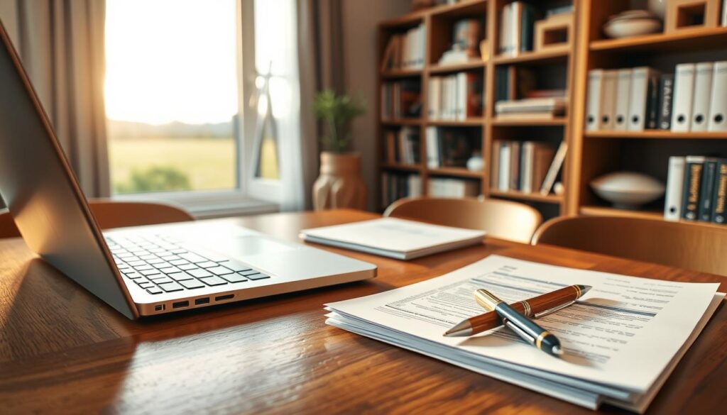 A neatly organized workspace with an open laptop, a stack of documents, and a pen resting on a wooden table. The lighting is soft and warm, creating a sense of professionalism and attention to detail. In the background, a bookshelf filled with reference materials and a window overlooking a tranquil outdoor scene. The scene conveys a calm, focused atmosphere, ideal for carefully documenting and preparing insurance claims in the aftermath of a water leak emergency.