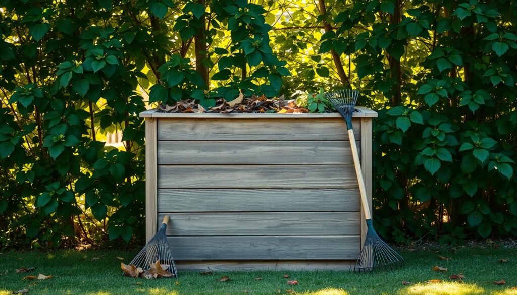 A neatly organized yard with a large wooden bin or container, designed for safe leaf and garden debris disposal. The bin is positioned against a backdrop of lush greenery, creating a peaceful, natural setting. Sunlight filters through the leaves, casting warm, gentle shadows across the scene. The bin's exterior is weathered and textured, suggesting its durability and functionality. A rake or gardening tool leans against the bin, hinting at the recent task of gathering and depositing the fallen foliage. The overall composition conveys a sense of order, sustainability, and responsible waste management practices.