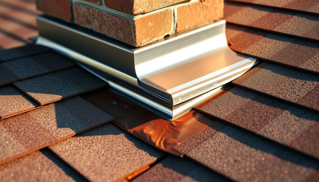 A neatly repaired roof flashing, showcasing the intricate process of restoring weatherproofing around a chimney. The flashing, made of galvanized steel, is meticulously installed, seamlessly integrating with the shingles and creating a watertight seal. Warm, directional lighting casts subtle shadows, highlighting the flashing's profile and the clean, professional workmanship. The scene conveys a sense of expertise and attention to detail, perfectly capturing the essence of a high-quality roof flashing repair service.