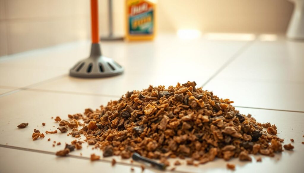 A pile of pet waste, neatly arranged on a tiled bathroom floor under warm, natural lighting. The waste appears fresh and glistening, contrasting with the clean, sterile tiles. In the background, a plunger and a bottle of drain cleaner can be seen, hinting at the importance of proper waste disposal to maintain a functional household plumbing system. The overall mood is one of pragmatic concern, emphasizing the necessity of responsible pet ownership during potential leaks or floods.