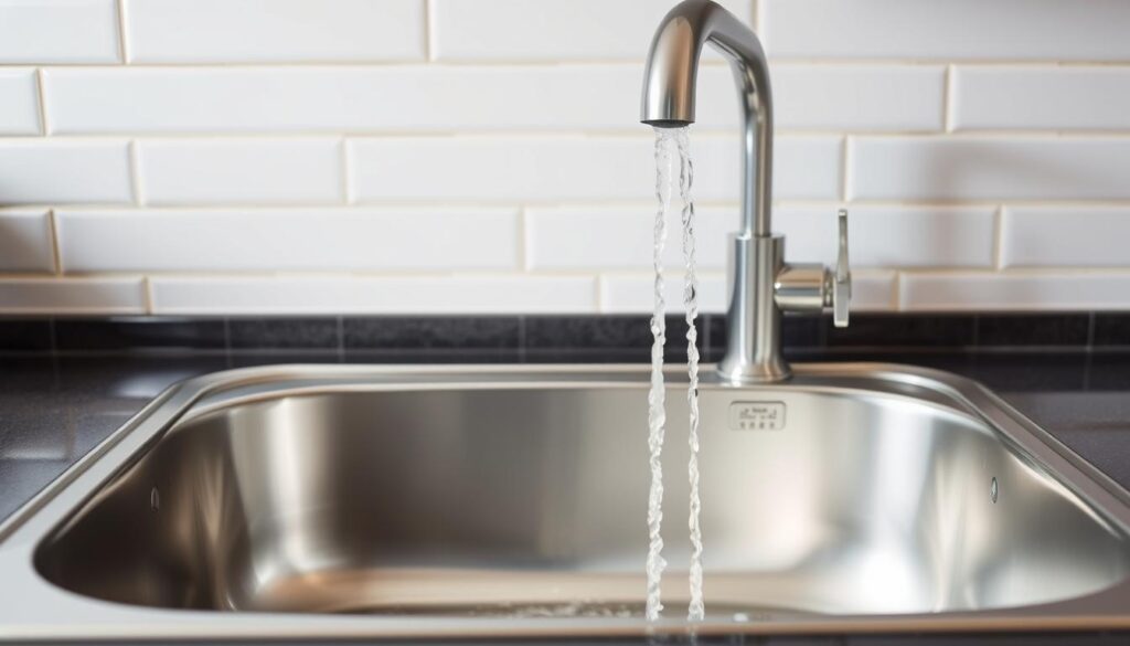 A pristine, well-lit kitchen sink under soft, even illumination. The stainless steel basin gleams, reflecting the surrounding tile and cabinetry. Water gently cascades from the modern faucet, its soothing sound filling the space. The sink is meticulously clean, devoid of any dishes or clutter, symbolizing a state of order and preparedness. The backsplash features a classic subway tile pattern, complementing the overall aesthetic. The scene conveys a sense of tranquility and attention to detail, emphasizing the importance of maintaining a clean, well-functioning sink to prevent unpleasant odors.