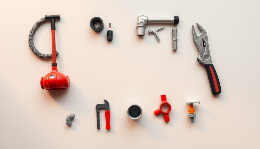 A professional high-quality image of the core units that underpin licensed drainage competency. A clear, well-lit scene showing the essential tools, equipment, and materials used by licensed plumbers to clear and repair drains, such as a plunger, a drain snake, a wrench, and various pipes and fittings. The items are arranged neatly on a clean, neutral-colored surface, with a subtle, warm lighting that casts soft shadows, creating a sense of depth and dimensionality. The overall composition is balanced and aesthetically pleasing, conveying a sense of professionalism, expertise, and attention to detail.