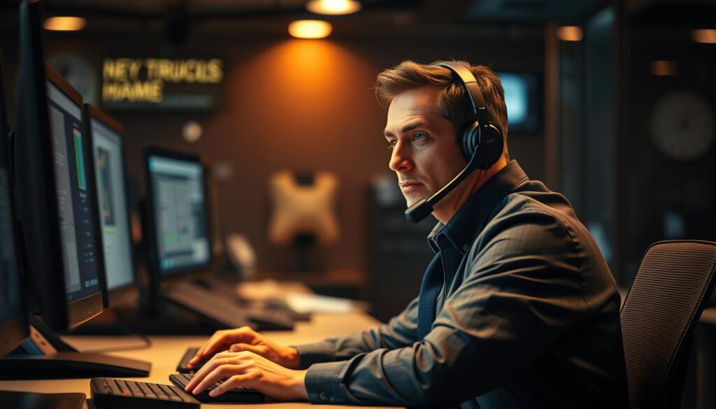A professional operator in a dimly lit emergency call center, seated at a sleek, modern desk, intently listening to a caller on a high-quality telephone headset. Warm yet focused lighting illuminates the operator's face, conveying a sense of urgency and diligence. The background is softly blurred, emphasizing the importance of the call. The operator's expression is one of calm, experienced professionalism, ready to triage the situation and dispatch the appropriate emergency response. The scene captures the crucial role of the triage process in managing peak demand during critical weather events.