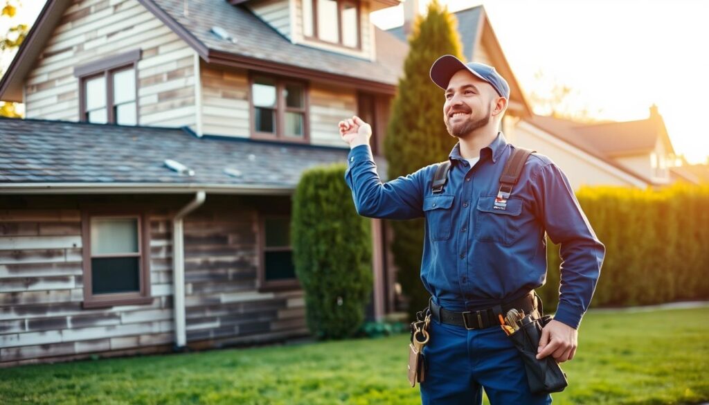 A professional plumber in a blue uniform and tool belt stands in front of a two-story house with a shingled roof, inspecting a leaking gutter and downspout. The afternoon sun casts warm, golden light across the scene, highlighting the weathered wooden siding and the plumber's focused expression. In the background, a lush green lawn and a neatly trimmed hedge frame the house, suggesting a well-maintained residential neighborhood. The image conveys the expertise and attention to detail required when calling a specialized roof plumber to address roof-related issues, rather than a general roofer.