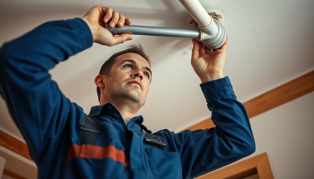 A professional plumber in a well-lit worksite, wearing a blue jumpsuit with tool belt, inspecting a burst pipe on the ceiling. The plumber's face is in focus, displaying a serious expression as they assess the damage. The background showcases the interior of a residential home, with wooden beams and drywall visible. Soft, diffused lighting creates an atmosphere of controlled urgency, conveying the plumber's expertise and the importance of their task in ensuring the homeowner's safety. The camera angle is slightly low, emphasizing the plumber's authority and problem-solving abilities.