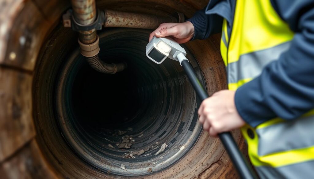 A professional worker in a yellow safety vest operates a CCTV camera on a long flexible pole, carefully inspecting the interior of a sewer pipe. The camera's bright LED lights illuminate the dark, moist confines of the drain, revealing the clogged debris that is the source of the blocked toilet issue. The worker moves the camera methodically, observing the pipe's condition from multiple angles to assess the problem and plan the best course of repair. A sense of focused determination fills the scene, reflecting the expertise required to quickly and effectively resolve a blocked toilet emergency.