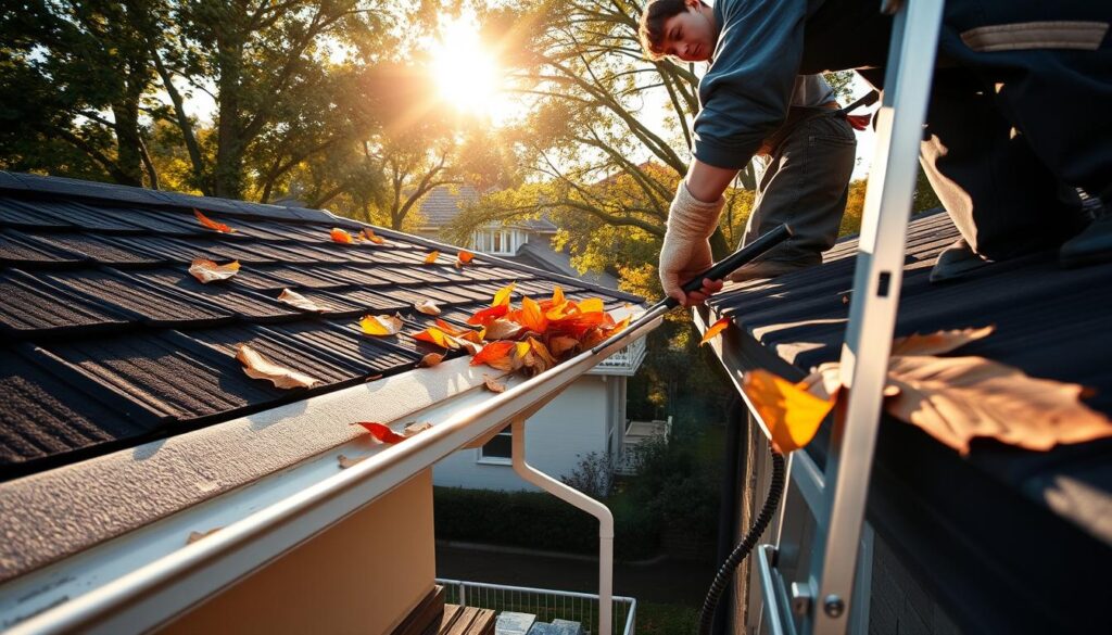 A residential street in a leafy Melbourne suburb, with a house in the foreground. A person, dressed in overalls and gloves, is carefully cleaning a gutter, using a ladder and various tools. The sun is shining, casting a warm, natural light on the scene. The gutter is filled with autumn leaves, which the person is meticulously removing. In the background, other houses and trees can be seen, suggesting a peaceful, suburban setting. The image conveys the importance of regular gutter maintenance to prevent clogging and potential water damage, as well as the care and attention required for this task.