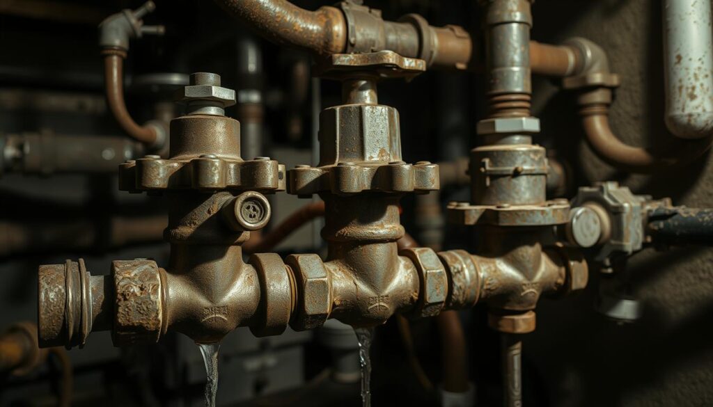 A set of old, corroded water valves in a cluttered plumbing system. The valves are rusty, worn, and partially obstructed, causing uneven water flow and pressure. The background is dark, with dimly lit pipes, fittings, and other plumbing components scattered around, creating a sense of neglect and disrepair. The lighting is harsh, casting deep shadows and highlighting the imperfections in the valves. The overall atmosphere conveys a sense of a malfunctioning, outdated system in need of professional attention.