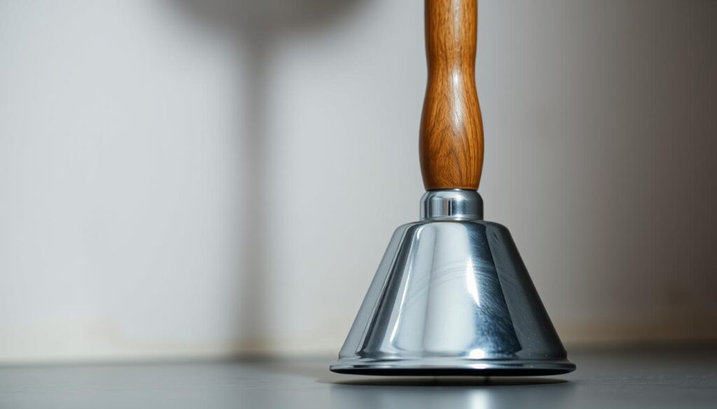 A shiny chrome plunger stands prominently in the foreground, its distinctive bell-shaped cup and sturdy wooden handle capturing the viewer's attention. The plunger is positioned against a neutral, slightly out-of-focus background, allowing it to take center stage. The lighting is soft and diffuse, creating subtle shadows that accentuate the plunger's form and texture. The angle is slightly elevated, giving the impression of a professional, problem-solving tool ready to tackle a clogged sink. The overall mood is one of utility and efficiency, conveying the plunger's essential role in unclogging drains and restoring proper water flow.