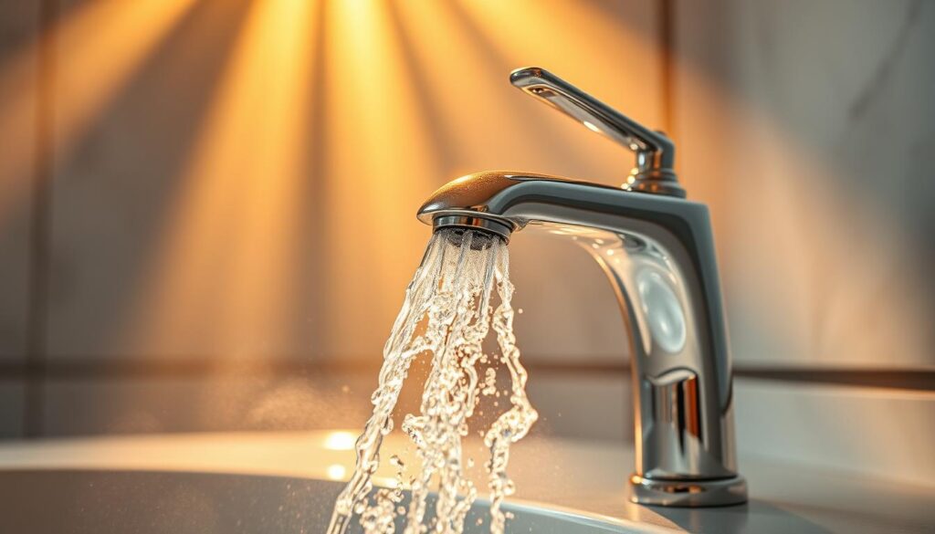 A shiny, metallic faucet set against a sleek, modern bathroom backdrop. Beams of warm, golden light cascade over the flowing, crystal-clear stream of hot water emerging from the faucet, creating a captivating play of light and shadow. The water appears invitingly steamy, with wisps of vapor rising gracefully. The overall scene conveys a sense of high-quality craftsmanship, reliable performance, and a luxurious, spa-like ambiance.