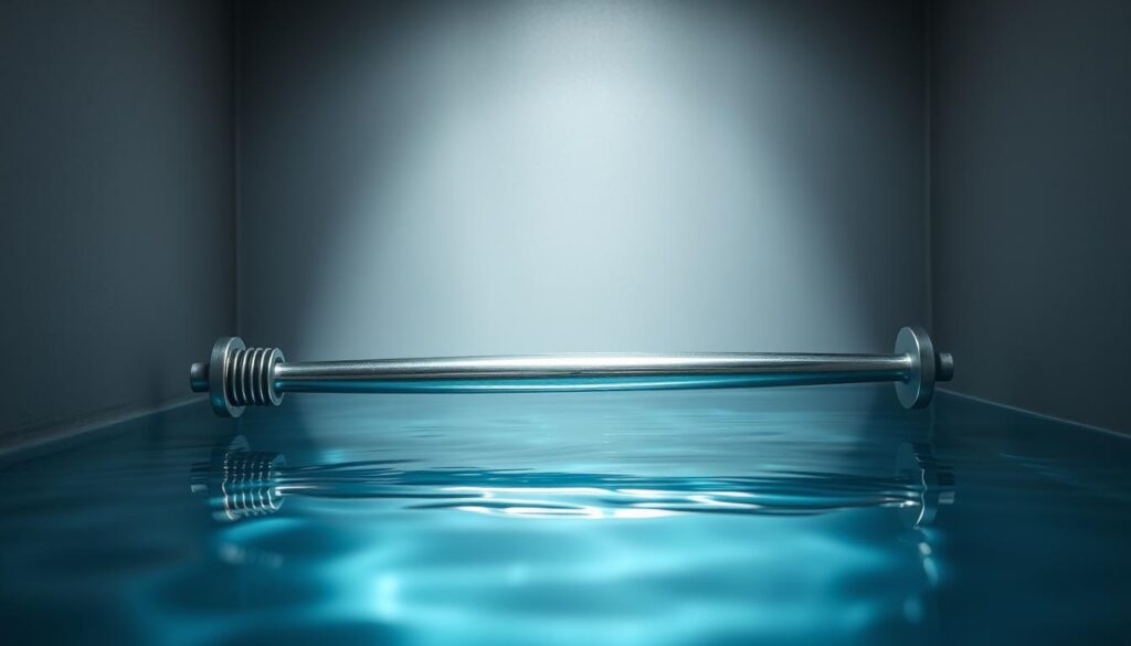 A shiny, metallic sacrificial anode rod, its cylindrical form positioned prominently in the center of the frame. The anode is partially submerged in a clear, blue-tinted water, casting a soft, reflective glow. The background is a muted, industrial gray, suggesting the interior of a hot water tank. Subtle lighting from above casts gentle shadows, highlighting the textural details of the anode's surface. The composition emphasizes the anode's role as a protective device, drawing the viewer's attention to its essential function in safeguarding the tank from corrosion.