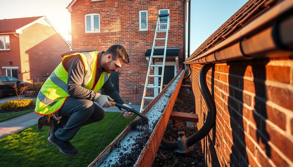 A skilled technician in a high-visibility vest crouches over a clogged gutter, expertly wielding a gutter-cleaning tool. The mid-afternoon sun casts warm, directional light, casting dramatic shadows on the brick facade of the townhouse. In the middle ground, a ladder leans against the wall, signaling the urgency of the repair. The background features a well-manicured lawn and a few cars parked on the street, conveying a sense of a residential neighborhood. The overall atmosphere exudes professionalism, efficiency, and a proactive approach to addressing emergency gutter issues.