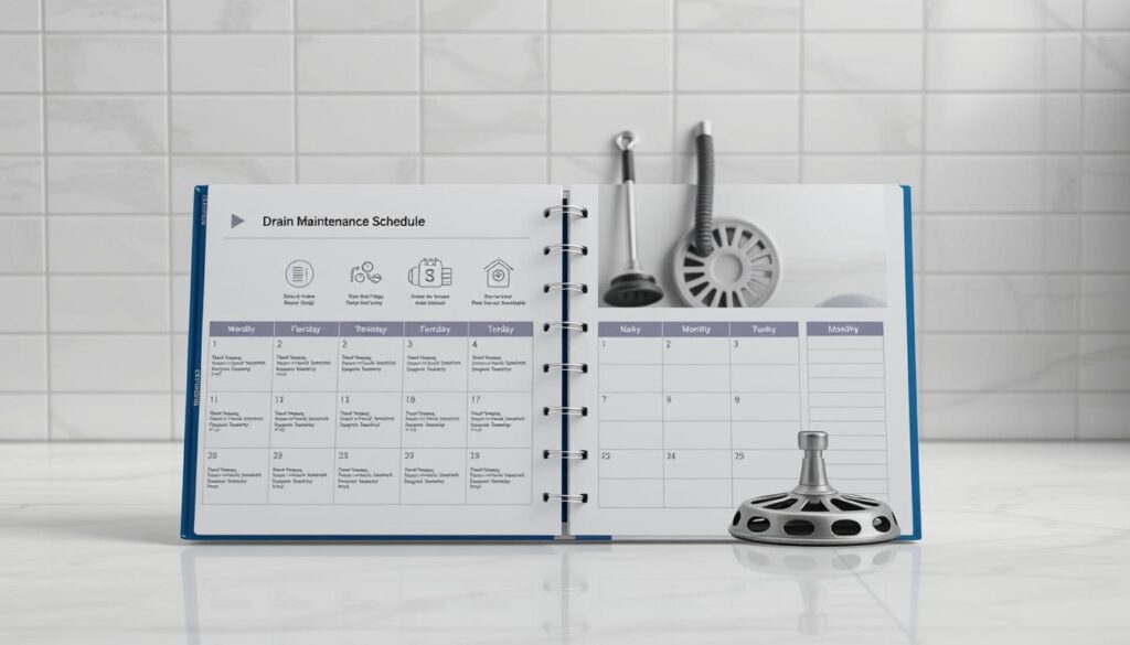 A sleek, well-designed planner showcasing a comprehensive drain maintenance schedule. The foreground displays a neatly organized weekly and monthly schedule with clear icons and text, allowing for easy task tracking. The middle ground features various drain maintenance tools, such as a plunger, a snake, and a drain cover, artfully arranged in a visually appealing layout. The background depicts a soothing, minimalist tiled bathroom setting, with soft lighting and muted colors that convey a sense of order and efficiency. The overall composition and style reflect a practical, yet aesthetically pleasing approach to maintaining a healthy and well-functioning drainage system.