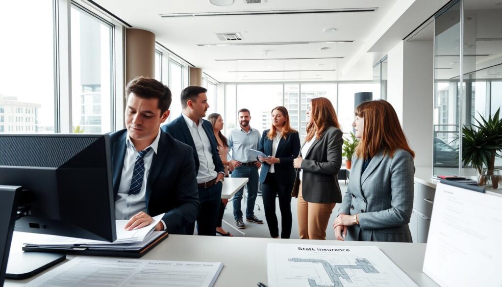 A spacious and well-lit strata insurance office, with a professional and modern aesthetic. The foreground features a desk with a computer, documents, and a plumbing-related diagram. In the middle ground, several clients are speaking with insurance agents, their expressions conveying concern and discussion. The background showcases floor-to-ceiling windows, allowing natural light to flood the space and creating a sense of transparency and openness. The overall atmosphere is one of authoritative expertise, customer service, and the resolution of plumbing-related disputes within a strata management context.