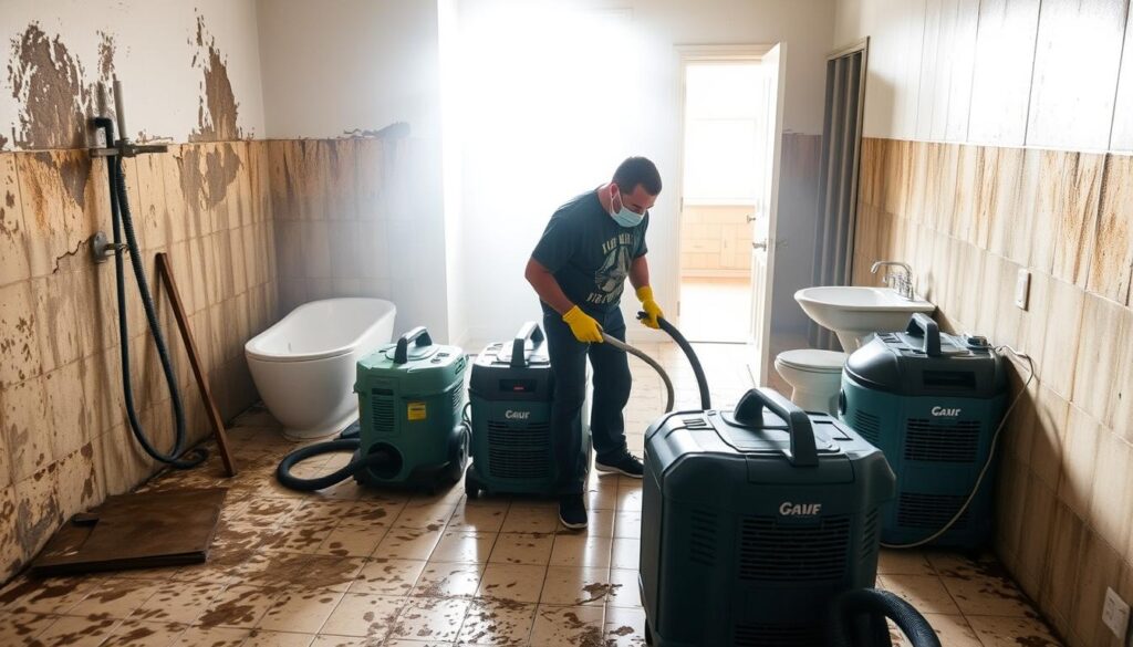 A spacious bathroom with water-damaged walls and floors. In the foreground, a person wearing rubber gloves and a face mask diligently scrubbing the tiles, removing mold and debris. Surrounding them, industrial-grade wet/dry vacuums and dehumidifiers work to extract excess moisture, creating a hazy, well-lit environment. The middle ground shows a window, letting in natural light that illuminates the drying process. In the background, an open door leads to an adjoining room, suggesting the extent of the water damage. The overall atmosphere conveys a sense of urgency and the need for thorough, professional-grade cleanup to prevent further mold growth.