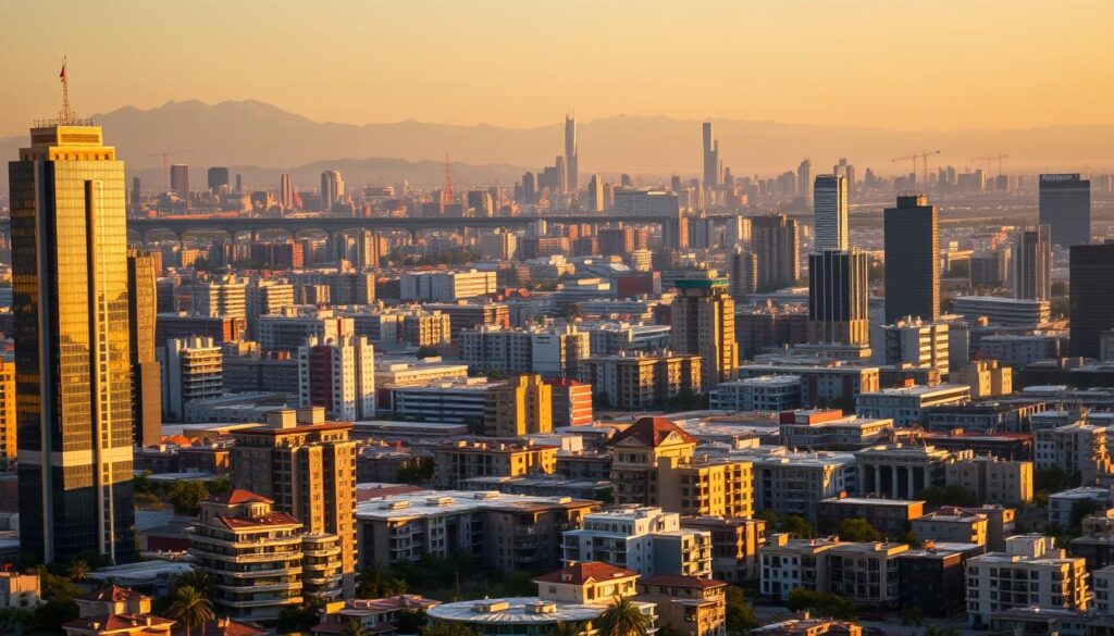 A sprawling cityscape of diverse properties, capturing the essence of industries and property types serviced. In the foreground, sleek high-rise buildings and modern townhouses stand tall, their gleaming glass facades reflecting the warm, golden sunlight. In the middle ground, a mix of commercial and residential structures, each with its unique architectural style, create a harmonious tapestry. The background is dominated by a hazy, atmospheric skyline, with distant mountains and a vibrant, cloudless sky. The scene is imbued with a sense of bustling activity, conveying the vibrancy and diversity of the industries and property types that thrive within this urban landscape.