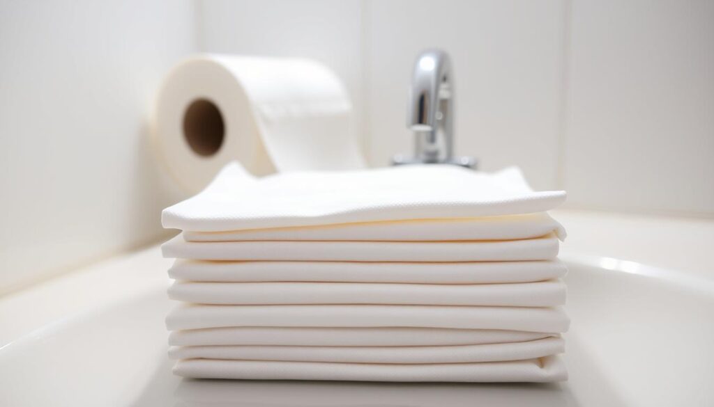 A stack of white, soft toilet wipes in the foreground, their individual sheets neatly folded and stacked with precision. Behind them, a toilet paper roll in a classic white and blue design sits atop a shiny, porcelain bathroom sink, the faucet gleaming under bright, diffused lighting. In the background, the walls are a soothing, neutral shade, creating a sense of cleanliness and order. The composition is balanced and symmetrical, emphasizing the importance of the wipes and their proper usage. The overall mood is one of simplicity, practicality, and attention to detail.