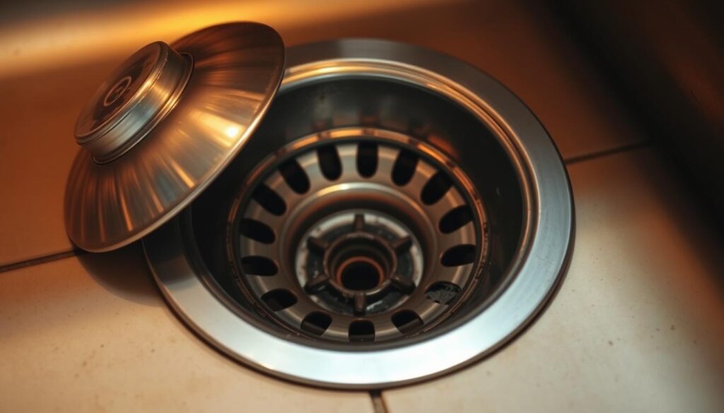 A stainless steel kitchen sink drain, its curved P-trap prominently visible, resting on a tiled countertop. The drain cover is removed, revealing the grime-lined interior, a potential source of unpleasant odors. Warm, directional lighting illuminates the scene, casting dramatic shadows and highlighting the metallic textures. The overall composition emphasizes the drain's central role in identifying and addressing foul smells emanating from the kitchen sink. The mood is one of investigation and problem-solving, inviting the viewer to examine the details closely.