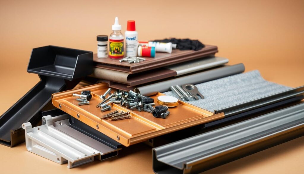 A still life arrangement showcasing premium building materials and high-quality gutter components. In the foreground, an array of metal gutter profiles in various finishes - matte black, sleek silver, and rich copper. Atop them, a selection of specialized fasteners, sealants, and tools. In the middle ground, textured samples of sturdy aluminum, durable PVC, and rust-resistant galvanized steel sheets. The background features soft, even lighting illuminating a warm, neutral-toned backdrop, highlighting the craftsmanship and durability of the featured products. The composition exudes a sense of quality, reliability, and attention to detail, befitting a premium gutter replacement solution.