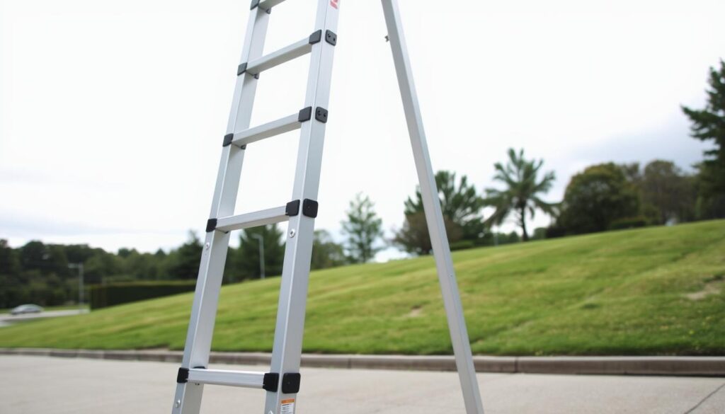 A sturdy aluminum ladder stands tall against a bright, overcast sky. Its rigid rungs and reinforced side rails convey a sense of safety and stability. The ladder is positioned on a level, paved surface, with a neatly trimmed lawn and trees in the background, suggesting a well-maintained outdoor environment. Diffused natural light casts subtle shadows, creating depth and emphasizing the ladder's three-dimensional form. The scene exudes a mood of practicality and responsibility, inviting the viewer to consider the importance of proper equipment and safe practices when working at heights.