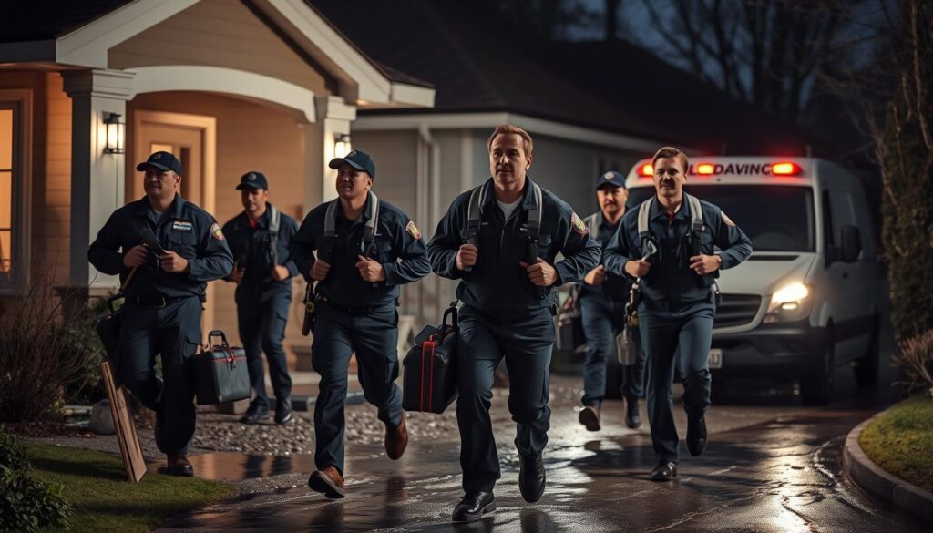 A team of experienced plumbers in uniform rushing to an emergency call, arriving at a residential home with burst pipes and water damage. The plumbers carry their toolkits and are ready to assess the situation and begin repairs, with a van or truck visible in the background. The scene conveys a sense of urgency and professionalism, with dramatic lighting, shadows, and a slightly low camera angle to emphasize the scale and importance of the task at hand. The overall atmosphere is one of capable problem-solving in a time-sensitive crisis.