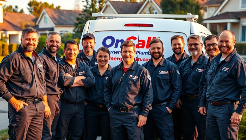 A team of professional plumbers in uniform uniforms, gathered around a van with the "OnCall Emergency Plumbers" logo, their tools and equipment neatly organized. In the background, a residential neighborhood with well-kept homes and lush greenery. The scene is illuminated by warm, natural lighting, conveying a sense of reliability, expertise, and a commitment to quality workmanship. The plumbers' expressions exude confidence and a customer-centric focus, ready to provide prompt and effective emergency plumbing services with transparent, fair pricing and a clear warranty.