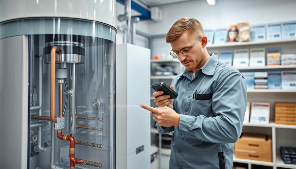 A transparent, well-lit workshop with a professional hot water technician meticulously inspecting a hot water system. The foreground showcases the system's internal components, with detailed cross-sections revealing the intricate pipework and heating elements. In the middle ground, the technician, dressed in a clean uniform, uses specialized tools to assess the system's efficiency and identify any potential issues. The background depicts a neatly organized workshop, with shelves of quality replacement parts and a set of comprehensive installation manuals, conveying a sense of expertise and attention to detail.