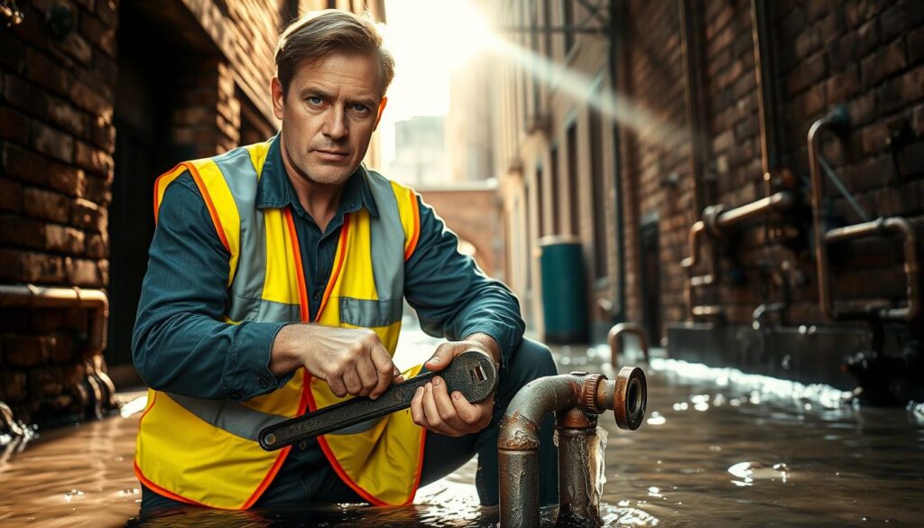 A weathered, experienced emergency plumber in a high-visibility safety vest, kneeling beside a burst pipe, wrench in hand, surrounded by a flooded urban alleyway. The plumber's face is determined, brow furrowed in concentration as he works to swiftly shut off the water and assess the damage. Overhead, sunlight filters through a gap in the buildings, casting dramatic shadows and lending an air of urgency to the scene. The background is a gritty, industrial cityscape, with aging brick walls and rusty metal fixtures providing a sense of setting. The overall mood is one of capable professionalism and swift, decisive action in the face of a plumbing crisis.