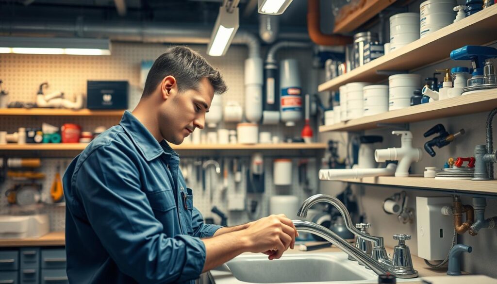 A well-equipped plumbing workshop with neatly organized tools and supplies, illuminated by warm overhead lighting. In the foreground, a skilled technician in a crisp uniform carefully inspecting a sink, conveying professionalism and attention to detail. Shelves in the background display a selection of reputable brand-name plumbing fixtures and fittings, suggesting quality and reliability. The overall scene emanates an atmosphere of competence, efficiency, and a commitment to providing an affordable, yet premium plumbing service.