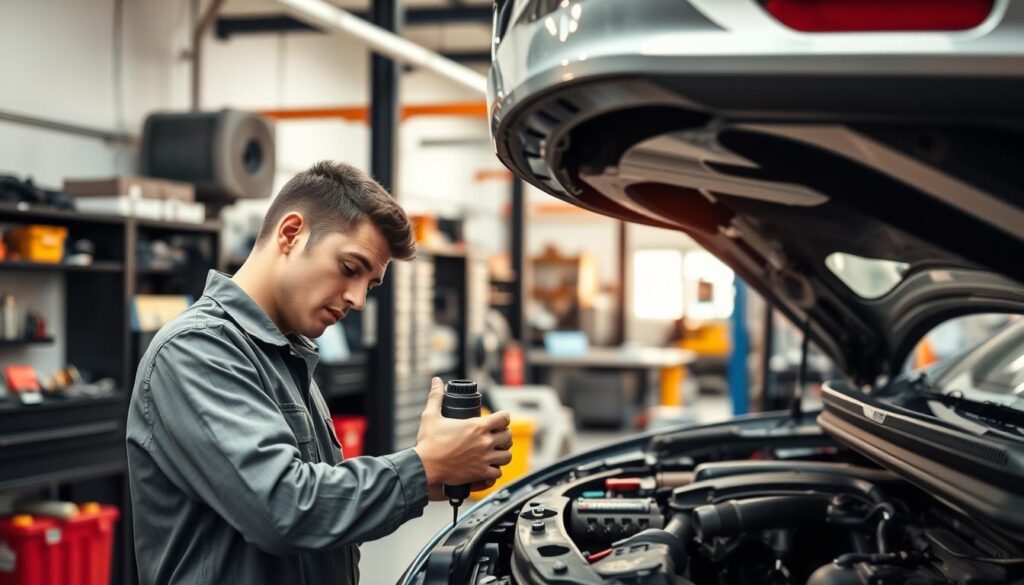 A well-equipped repair workshop with a focus on quality and safety. In the foreground, a technician carefully inspects a car part, their attention to detail evident. The middle ground showcases a variety of tools and equipment, meticulously organized and maintained. The background depicts a clean, well-lit space with ample workstations, conveying a sense of professionalism and efficiency. Warm, natural lighting filters in, creating a inviting and reassuring atmosphere. The overall scene suggests a commitment to providing reliable, affordable, and trustworthy emergency repair services.