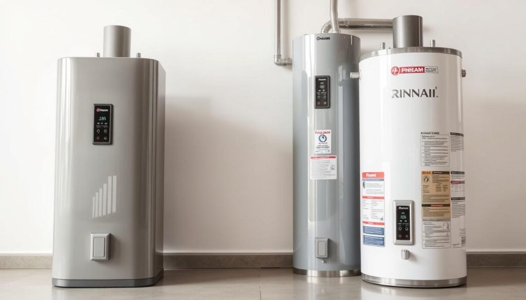 A well-lit and detailed comparison of the Rheem and Rinnai hot water heater models, shot from an angle that showcases their distinct features. The foreground prominently displays the sleek, modern designs of the two units, with emphasis on their control panels, vent systems, and overall build quality. The middle ground provides a side-by-side view, allowing the viewer to assess the relative size, capacity, and efficiency of each brand. In the background, a clean, neutral environment with soft lighting helps to accentuate the products' visual appeal and technical specifications. The overall composition conveys a professional, informative, and visually engaging perspective on the performance, warranty, and cost considerations for these two leading hot water heater brands.