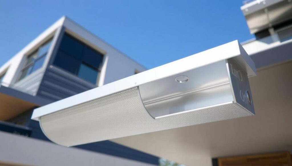 A well-lit box gutter situated in the foreground, showcasing its textured aluminum surface and clean, precise construction in accordance with Australian Standards (AS/NZS 3500.3). The gutter is positioned at a slight angle, providing a clear view of its internal structure and overflow mechanism. The middle ground features a modern, minimalist building facade, accentuating the gutter's sleek design. The background depicts a clear, blue sky, creating a sense of openness and the safe, controlled environment of the installation. The overall scene conveys a sense of quality, attention to detail, and adherence to industry best practices.