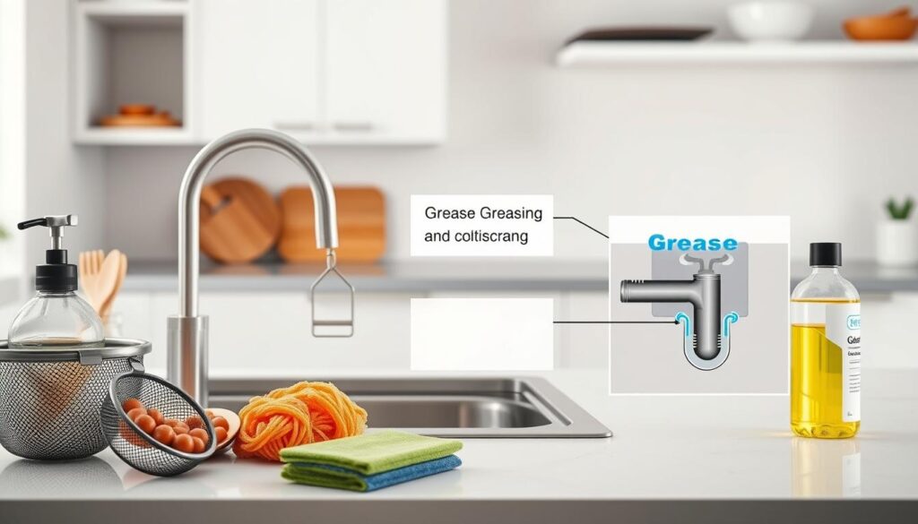 A well-lit, clean kitchen countertop with a stainless steel sink and modern faucet. In the foreground, a collection of kitchen tools and utensils, including a mesh strainer, a grease-absorbing sponge, and a bottle of grease-fighting dish soap. In the middle ground, a diagram illustrating the internal structure of a sink drain, highlighting the trap and ways to prevent grease and food scraps from clogging it. The background features minimalist cabinetry and shelving, creating a sense of organization and cleanliness. The overall mood is one of efficiency, practicality, and effective kitchen maintenance.