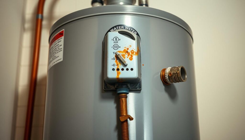 A well-lit, close-up photograph of a hot water heater, capturing the various components and potential warning signs that indicate the need for professional servicing. The image should showcase the heater's exterior, showcasing the control panel, valves, and any visible signs of wear or damage, such as leaks, rust, or discoloration. The lighting should be bright and evenly distributed, allowing for clear visibility of the details. The angle should be slightly elevated, providing a slightly downward perspective to emphasize the critical components. The background should be neutral and uncluttered, keeping the focus on the heater itself. The overall mood should convey a sense of urgency and the need for professional attention, without being overly dramatic.