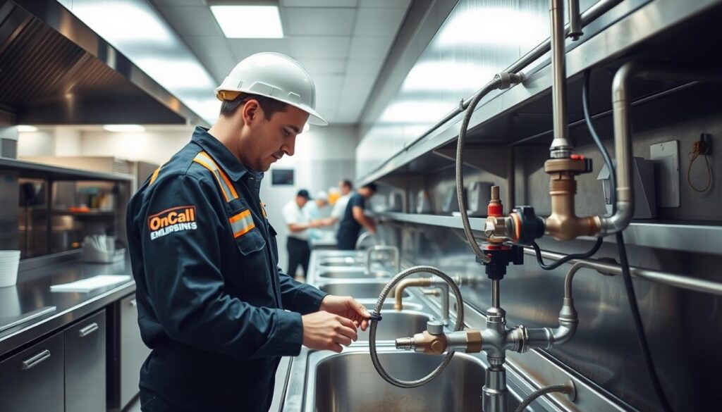 A well-lit commercial kitchen with stainless steel appliances and surfaces. In the foreground, an OnCall Emergency Plumbers technician, wearing a uniform and safety gear, is intently examining a complex industrial sink system. Pipes, valves, and fittings are visible, suggesting a professional installation or maintenance task. The background features other kitchen staff going about their duties, creating a sense of a bustling, active workspace. The lighting is bright and even, casting a clean, professional atmosphere. The camera angle is slightly elevated, providing a comprehensive view of the scene.