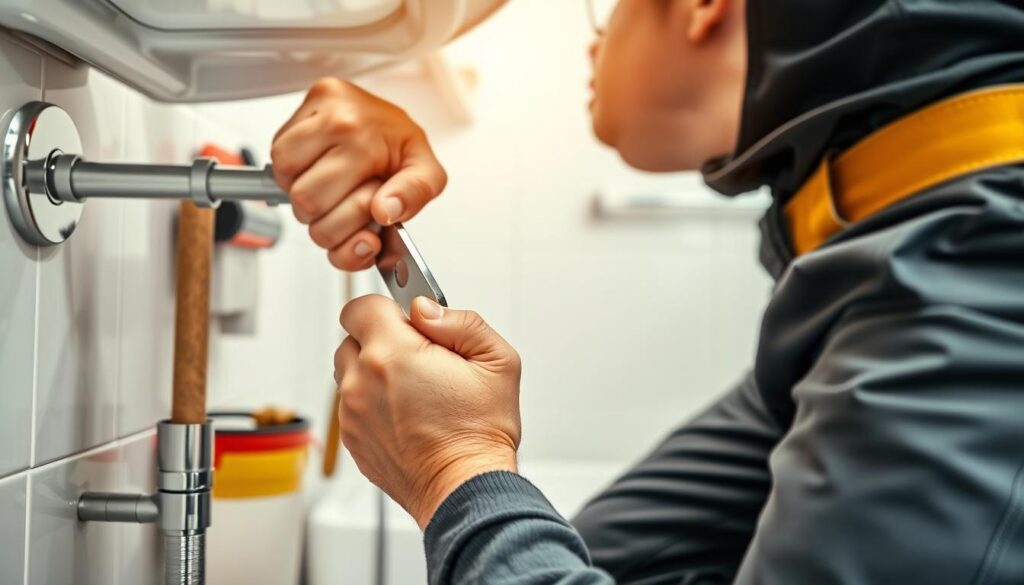 A well-lit, crisp, photorealistic image of a professional plumber servicing a sink. In the foreground, the plumber's hands are tightly gripping a wrench as they skillfully tighten a pipe joint. The middle ground showcases the plumber's tool belt and neatly organized equipment, hinting at their expertise. The background depicts a modern, clean bathroom interior with sleek fixtures and tile. The scene conveys a sense of efficiency, reliability, and attention to detail, reflecting the high-quality service offered by OnCall Emergency Plumbers.