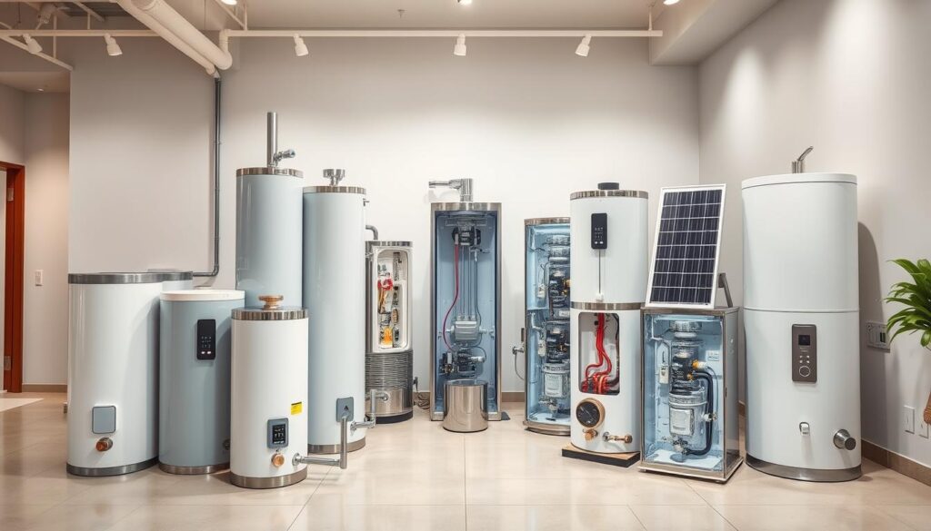 A well-lit, detailed image of a variety of modern hot water systems in a showroom-like setting. The foreground features a selection of tankless, tank-style, and solar-powered water heaters displayed prominently. The middle ground showcases the internal components and cutaway views of the systems, revealing their intricate engineering. The background depicts a clean, minimalist environment with neutral tones, allowing the hot water systems to take center stage. The lighting is bright and diffused, creating a professional, informative atmosphere. The camera angle is slightly elevated to provide an comprehensive overview of the different hot water system types.
