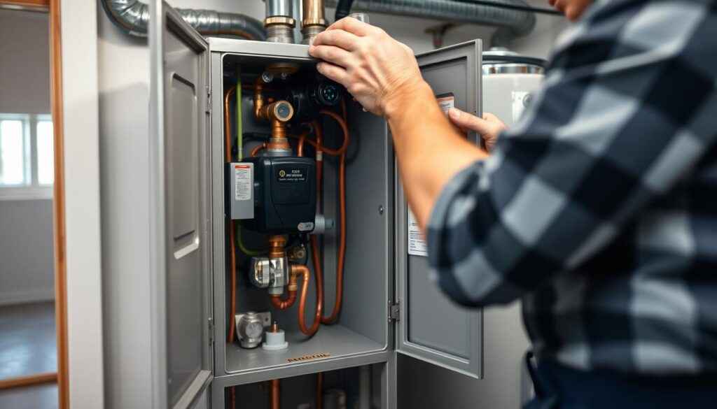 A well-lit, detailed maintenance scene showing a plumber or technician examining the internal components of a hot water heater or tankless water heater system. The foreground features the technician's hands and tools as they inspect and maintain the equipment, with a middle ground showing the overall water heater unit in a residential setting. The background depicts a clean, tidy utility room or basement, with good lighting highlighting the technical nature of the work. The scene conveys a sense of professionalism, thoroughness and care required for the long-term maintenance of these critical home systems.