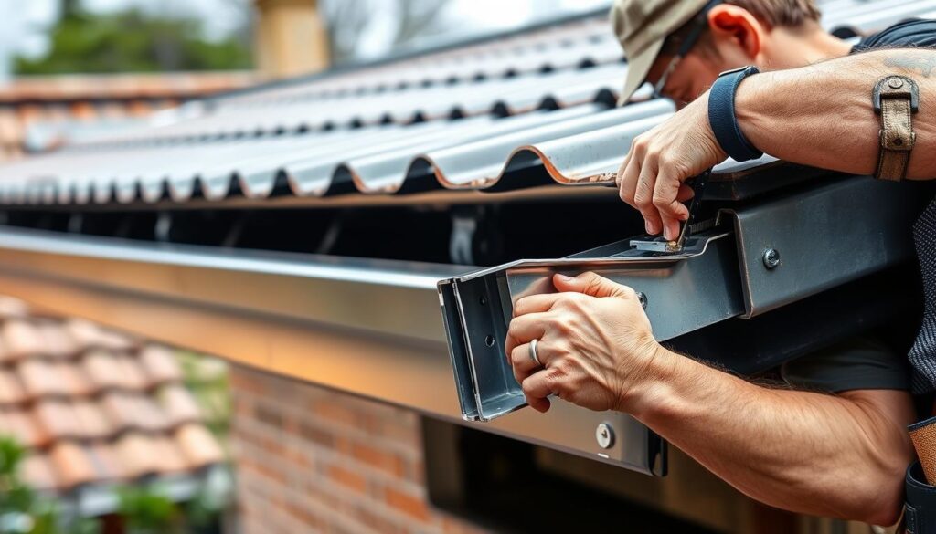 A well-lit, detailed scene of a professional box gutter installation. In the foreground, a skilled worker carefully measures and cuts a seamless metal gutter section. The middle ground showcases the intricate process of securing the gutter to the roofline using durable fasteners and sealants, ensuring a watertight fit. In the background, the roofline and surrounding architecture provide context, emphasizing the integration of the new gutter system. The lighting is soft and natural, highlighting the precision and craftsmanship of the installation process. The overall mood is one of expertise, attention to detail, and a commitment to a lasting, leak-free solution.