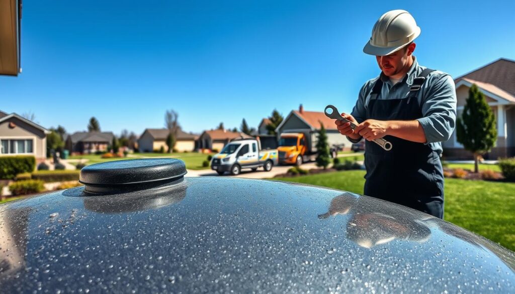 A well-lit, detailed scene of a residential water tank undergoing maintenance. The tank is situated in the foreground, its surface glistening with water droplets. A technician, wearing a hard hat and overalls, is inspecting the tank, wrench in hand. In the middle ground, a maintenance truck is parked, its logo visible. The background features a neatly manicured suburban landscape, with houses, trees, and a clear blue sky. The scene conveys a sense of diligence and care, with the technician focused on ensuring the water tank is in proper working order, ready to withstand the demands of the upcoming storm season.