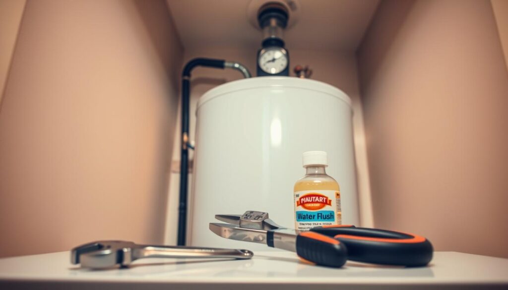 A well-lit, high-angle shot of a hot water heater tank in a home utility closet. The tank is gleaming and freshly maintained, with the control panel and temperature gauge clearly visible. In the foreground, a wrench, pliers, and a bottle of water heater flush solution are neatly arranged, suggesting a recent servicing. Soft, warm lighting illuminates the scene, creating a sense of comfort and care. The background is clean and uncluttered, allowing the hot water tank to be the focal point, emphasizing its importance for a properly functioning home.