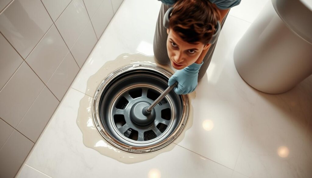 A well-lit, high-angle shot of a person wearing gloves and protective gear, kneeling beside an open floor drain, using a plunger or snake tool to clear a stubborn blockage. The drain is surrounded by wet, glistening tiles in a clean, modern bathroom. The person's expression is focused, determined, as they work to resolve the issue. Soft, even lighting from above casts a warm, professional tone, while the camera angle emphasizes the practical, hands-on nature of the task. The overall scene conveys the DIY approach to addressing a common household plumbing problem.