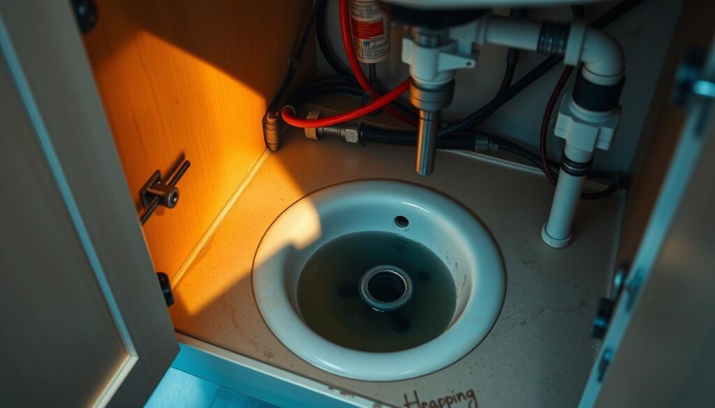 A well-lit, high-angle view of a bathroom vanity with a partially open cabinet door, revealing a tangled mess of pipes, hoses, and fittings in the background. The sink drain is partially clogged, with a small pool of murky water gathering around the rim. The lighting casts dramatic shadows, accentuating the complex network of drainage components. The overall scene conveys a sense of frustration and the need for a practical, effective solution to the problem.