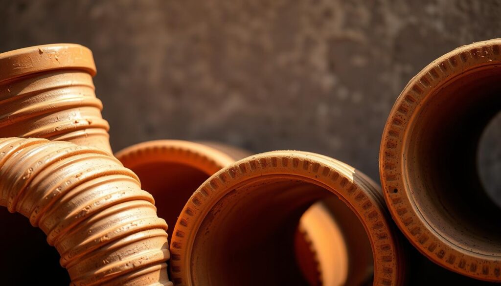 A well-lit, high-resolution close-up of a group of antique clay drainage pipes, their earthy terracotta hues contrasting against a muted, softly focused background. The pipes are arranged in a natural, organic composition, showcasing their distinctive ridged textures and curved profiles. Gentle shadows cast by the pipes create depth and dimension, while warm, diffused lighting emphasizes the materials' inherent warmth and resilience. The scene conveys the enduring functionality and timeless aesthetic of clay pipes, perfectly suited for the "Pros of clay pipes" section of the article on Melbourne's drainage systems.