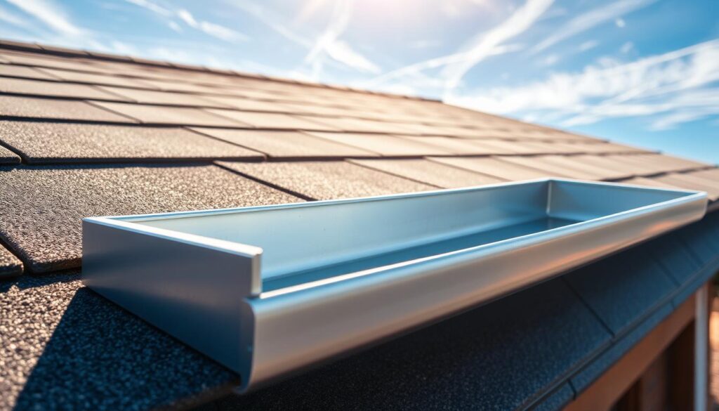 A well-lit, high-resolution photograph of a well-maintained box gutter on a residential rooftop. The gutter is made of sturdy metal, seamlessly integrated into the roofline, with a slight slope to facilitate proper drainage. Sunlight filters in, casting warm, natural shadows across the textured surface. The gutter's design features clean, minimalist lines, complementing the architectural style of the home. In the background, a clear sky with wispy clouds adds depth and a sense of tranquility to the scene. The image conveys a sense of order, efficiency, and attention to detail, reflecting the successful completion of the gutter redesign project.