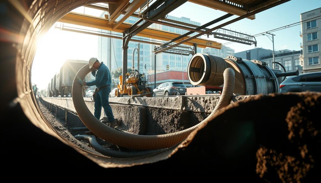A well-lit industrial scene, a cross-section view of a sewer pipe undergoing relining. In the foreground, a technician carefully guides a hose-like liner into the damaged pipe, the material unfurling and adhering to the inner walls. In the middle ground, specialized equipment stands ready, including a high-pressure pump and a spool of the flexible liner material. The background reveals the urban landscape, with buildings and infrastructure suggesting the location - a busy city street, the relining work happening underground. The lighting is bright and natural, casting long shadows and highlighting the intricate process. The overall mood is one of precision, efficiency, and the application of innovative no-dig technology to rehabilitate aging infrastructure.