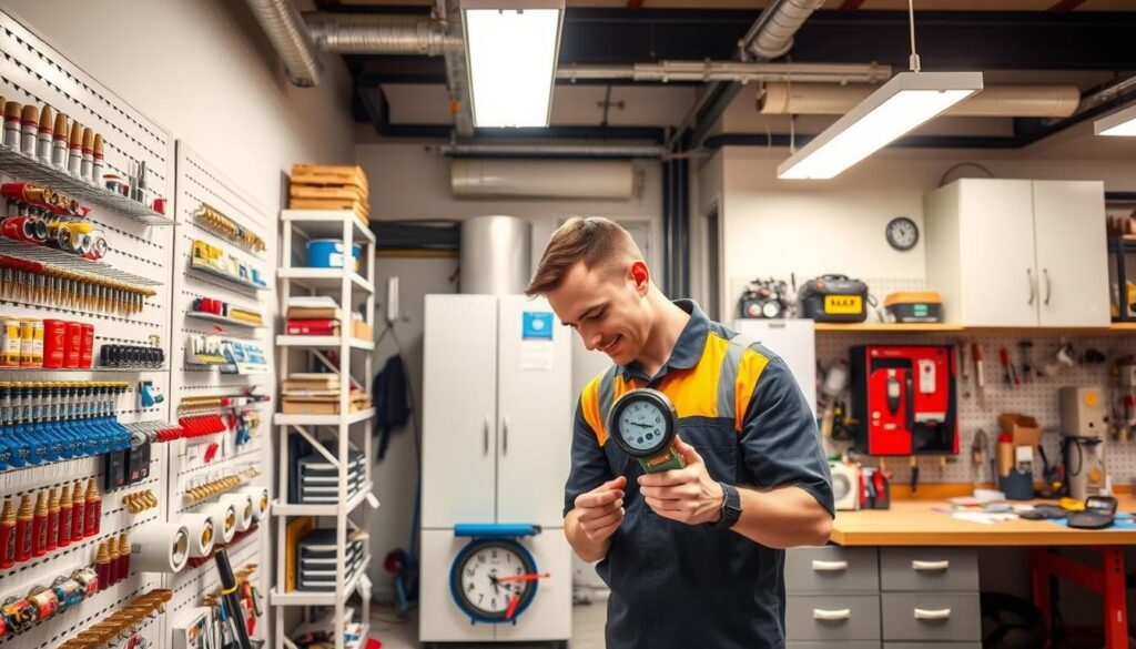 A well-lit interior of a modern gas services workshop, showcasing a variety of gas appliances, tools, and equipment. In the foreground, a skilled technician in a uniform is carefully inspecting a gas meter, while in the middle ground, shelves display an array of replacement parts and accessories. The background features a clean, organized workspace with a workbench, cabinets, and professional-grade diagnostic tools, conveying a sense of expertise and attention to safety. The lighting is bright and even, casting a warm, reassuring glow over the scene, suggesting the reliable and trustworthy nature of the gas services provided.
