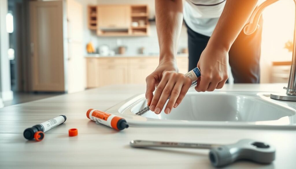 A well-lit interior space with a focus on a kitchen sink area. In the foreground, a pair of hands caulking around the sink basin, preventing water leaks. The middle ground features various plumbing tools and materials like caulk, sealant, and a wrench. The background showcases a tidy, organized kitchen with cabinets, shelves, and clean tile or laminate flooring. The lighting is bright and natural, creating a sense of cleanliness and care. The overall mood is one of diligence and proactive maintenance, conveying the importance of taking preventative measures to avoid water damage.