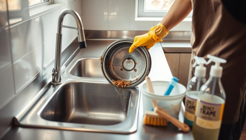 A well-lit kitchen setting with a stainless steel sink and countertop. In the foreground, a person in protective gear, such as rubber gloves and an apron, carefully removes the cover of a grease trap. The trap's interior is visible, revealing accumulated grease and food debris. Beside the sink, various cleaning tools and supplies are neatly organized, including a bucket, scrub brushes, and a grease-dissolving solution. The scene conveys a sense of diligence and attention to detail, with the person's focused expression and the orderly arrangement of the materials. Soft, natural lighting from a nearby window casts a warm glow over the scene, highlighting the importance of proper grease trap maintenance for the smooth, reliable performance of the kitchen's plumbing system.